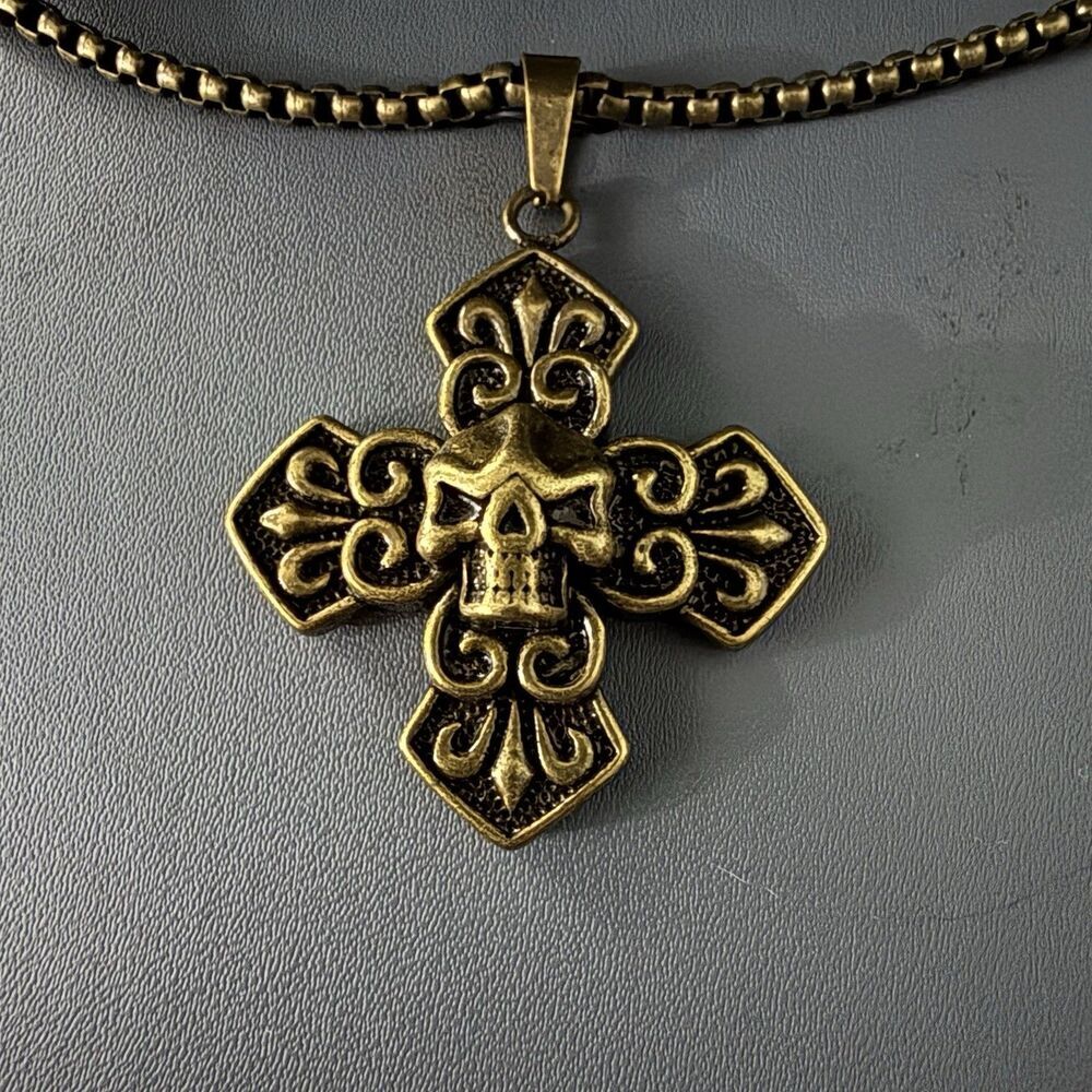 Mens Necklace Ed Hardy Cross Skull Pendant Charm Gold Tone Stainless Steel New